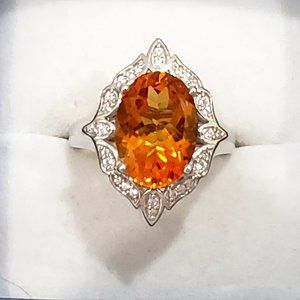 Natural Gaucha Citrine & White Zircon fancy halo ring in Plat/925 Sterling sz 8